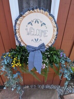 Vintage 80s Handmade Fabric Ribbon Hand Crafted Welcome Wreath Home Decor